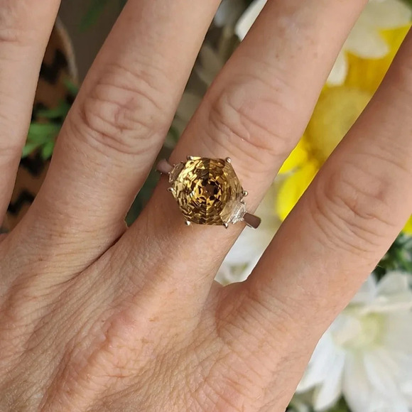 Citrine Hexagon Shape Ring In Platinum Over 925 Sterling Silver - Picture 3 of 6
